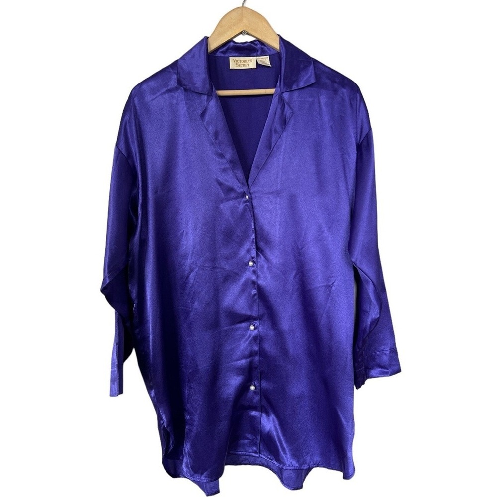 Victorias Secret Purple Satin Sleep Shirt Vintage Gold Label P/S Long Sleeve